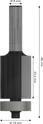 Broca de roteador Bosch PRO com rolamento inferior e acabamento nivelado, haste de 8 mm.